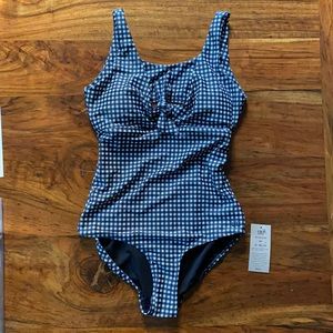 Albion black check top knot one-piece, Size M, NWT